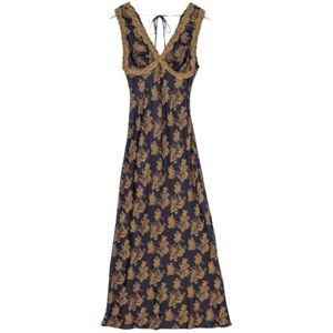 Soft Black and Gold Floral Lace Trim Maxi Dress